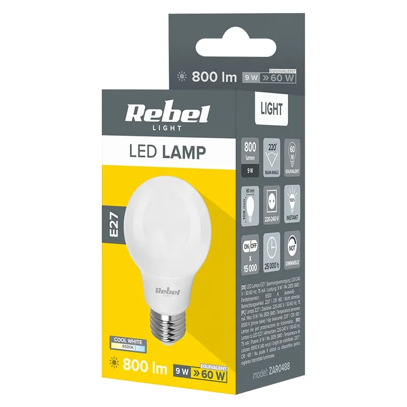 Bec LED A60 9W E27 6500K 230V Rebel
