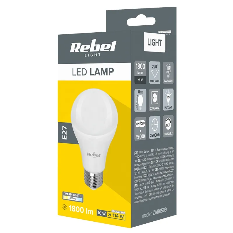 Bec LED A65 16W E27 3000K 230V Rebel