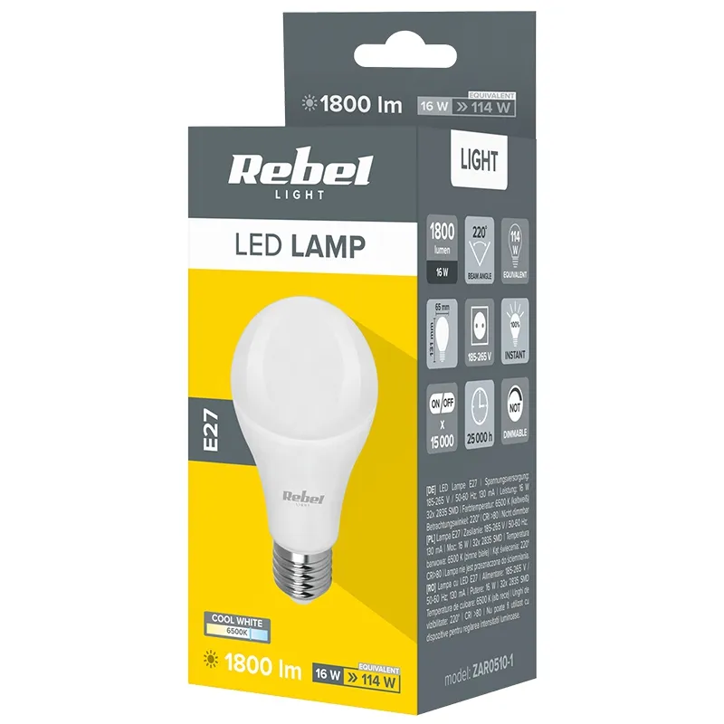 Bec LED A65 E27 16W 6500K 230V Rebel