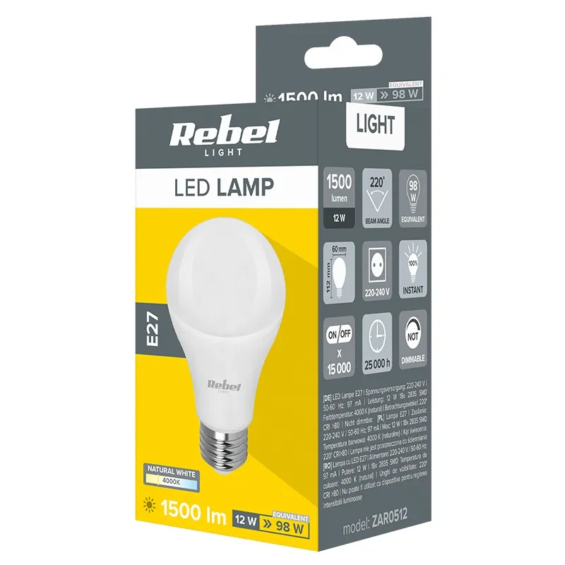 Bec LED A60 E27 12W 4000K 230V Rebel