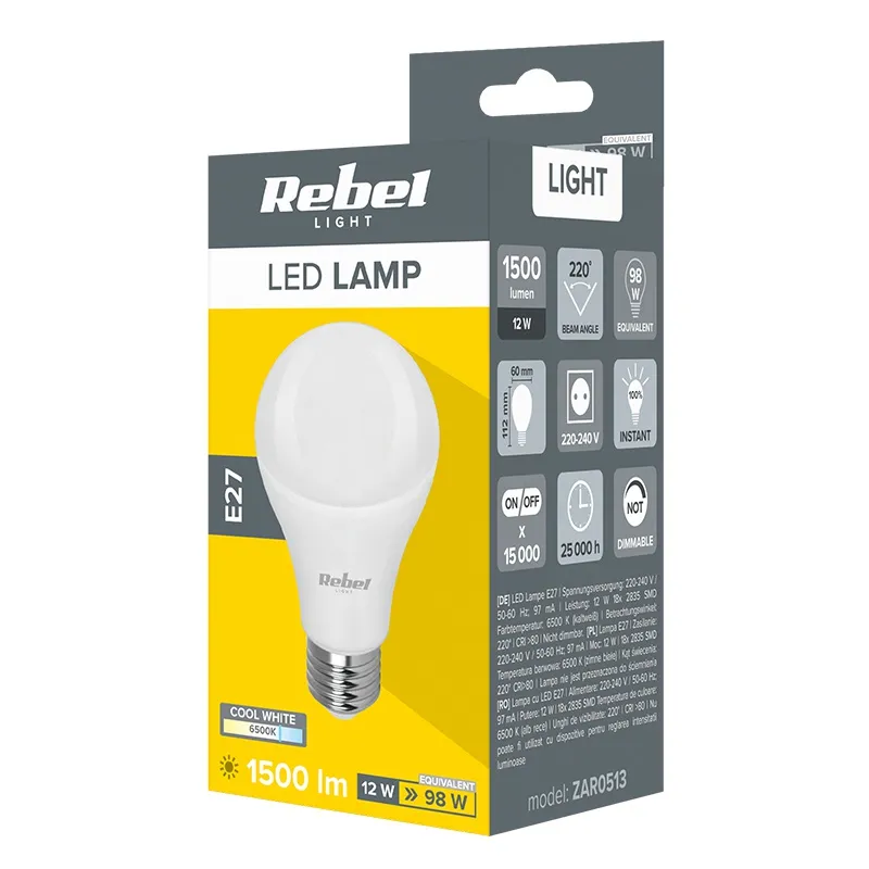 Bec LED A60 E27 12W 6500K 230V Rebel