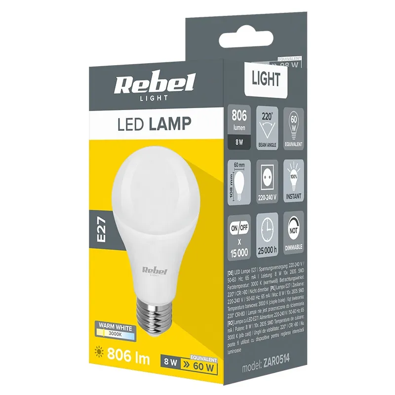 Bec LED A60 E27 8W 3000K 230V Rebel