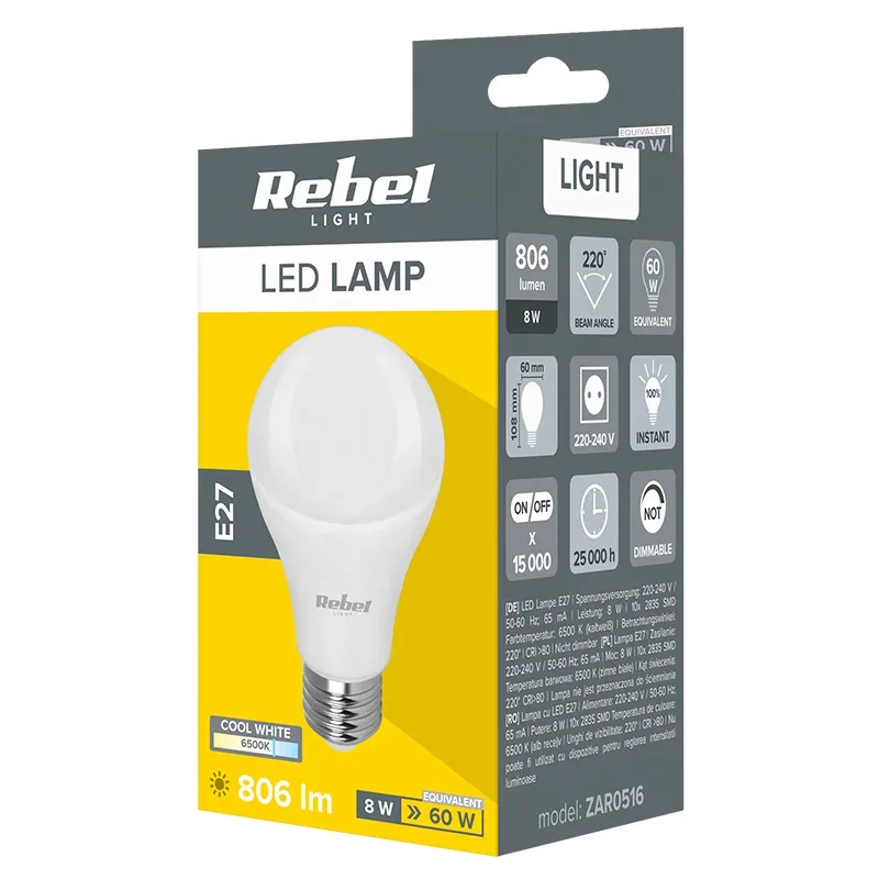 Bec LED A60 E27 8W 6500K 230V Rebel