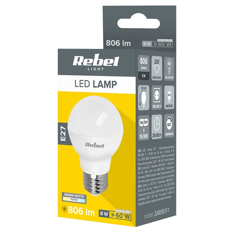 Bec LED G45 E27 8W 3000K 230V Rebel