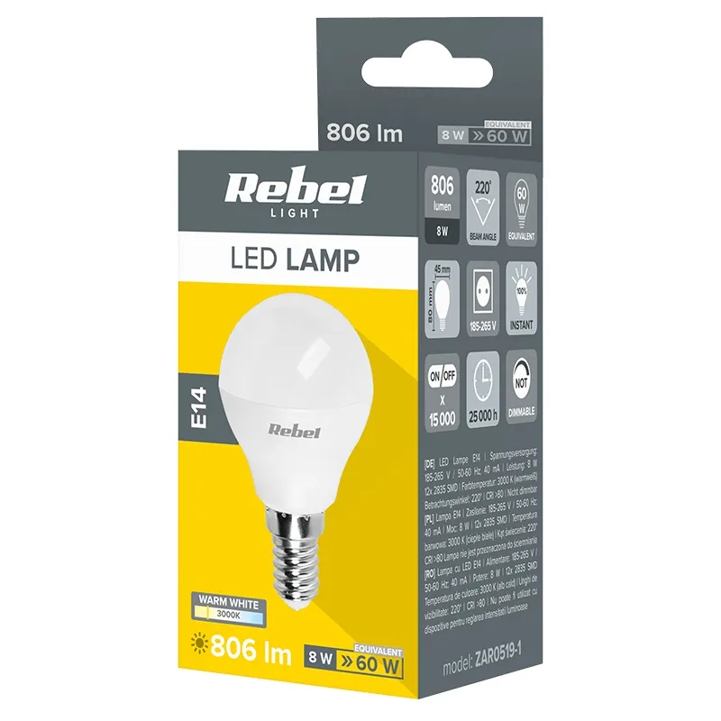 Bec LED G45 E14 8W 3000K 230V Rebel
