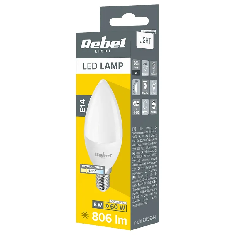 Bec LED E14 8W 4000K 230V Rebel
