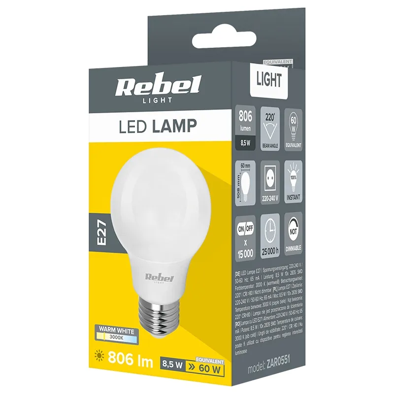 Bec LED A60 E27 8.5W 3000K 230V Rebel