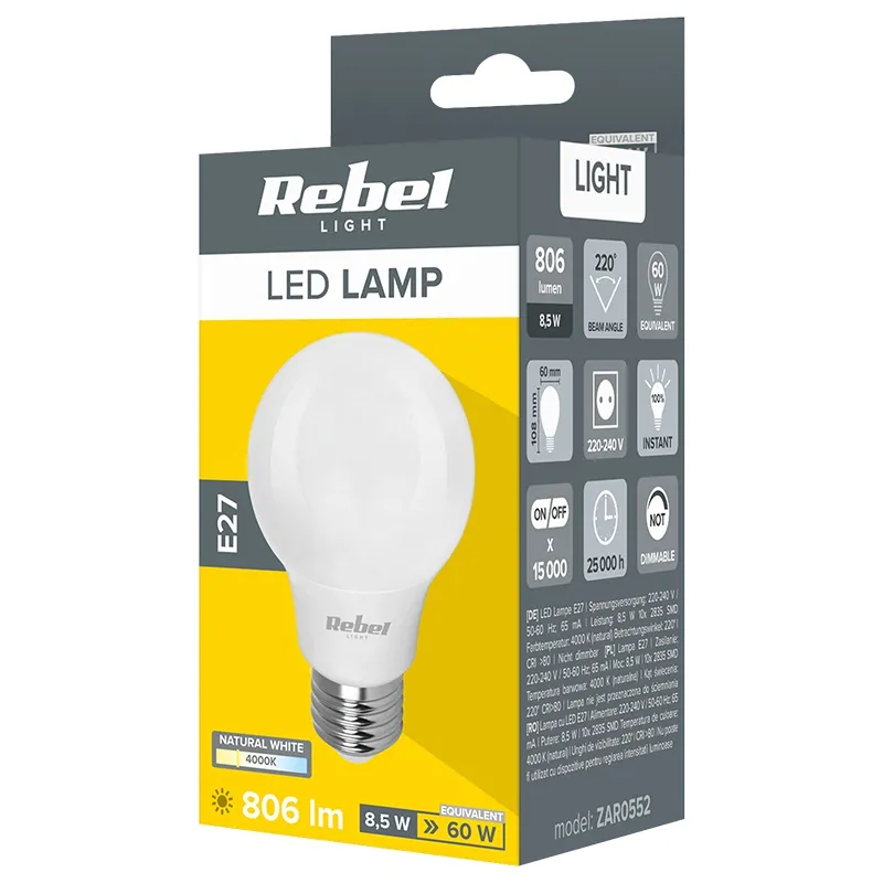 Bec LED A60 E27 8.5W 4000K 230V Rebel